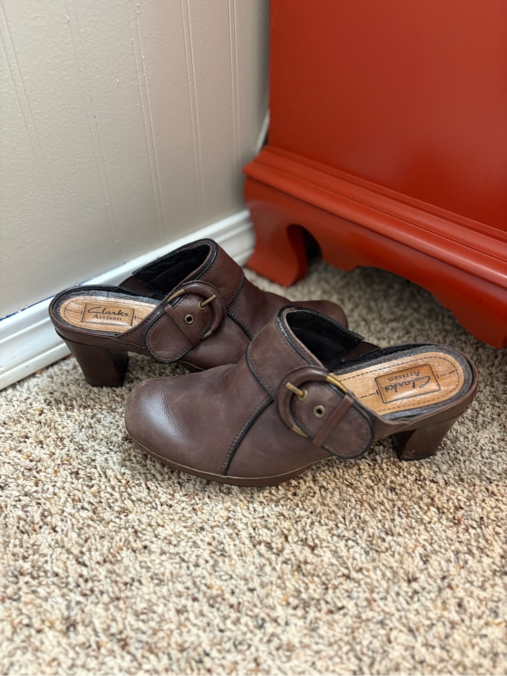 Clarks Brown Leather Buckle Mule Heels